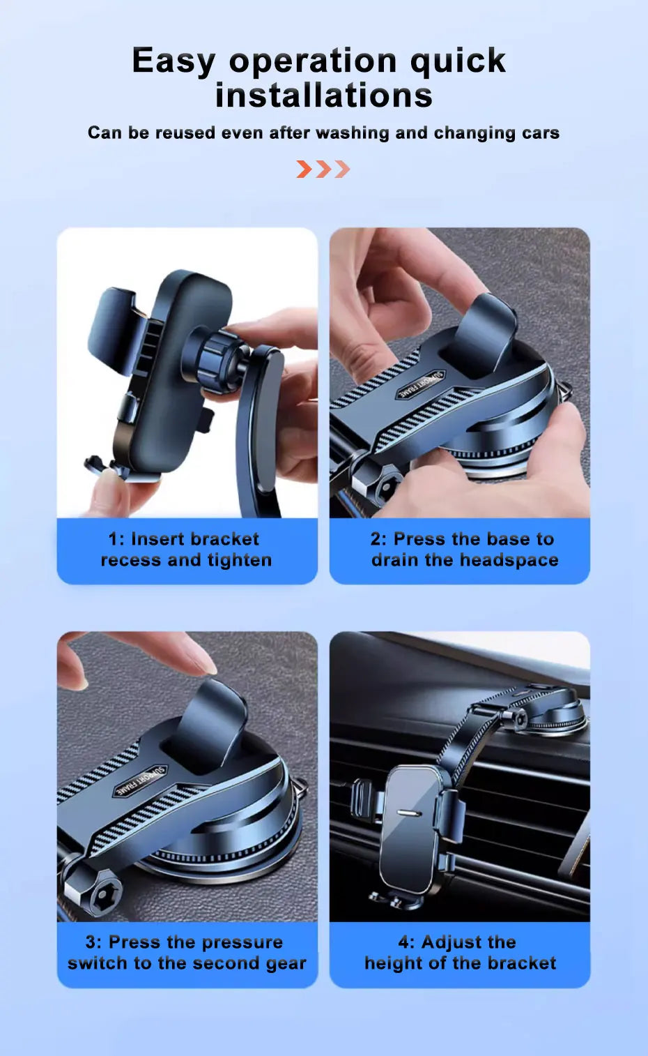 SEAMETAL Dashboard Phone Holder with Adjustable Cradle and Quick-Release Button, Listed 180-Degree Tilt, Mirrored or Textured Options for Compatible 3–7 Inch Phones