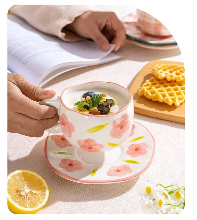 Hand-Painted Ceramic Mug with Irregular Korean-Style Shape and Floral, Heart or Playful Pattern Options for Breakfast Coffee and Afternoon Tea, Cup Only
