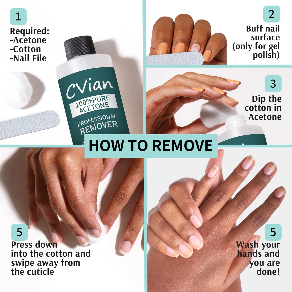 Acetone Nail Polish Remover with Listed 100% Acetone Formula for Compatible Gel, Dip Powder and Acrylic Nail Removal, Adult Home and Salon Manicure Supplies