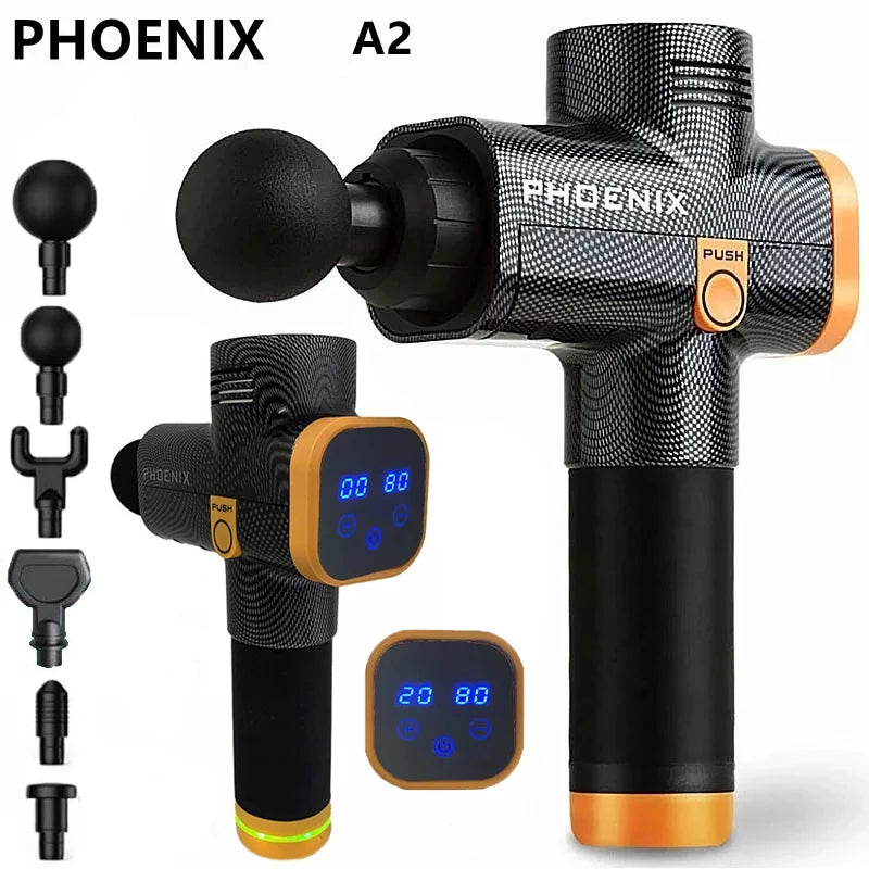 Rechargeable LCD Massage Gun Phoenix A2 with Four or Six Head Options, Adjustable Settings and Silicone Grip for Everyday Muscle Relaxation