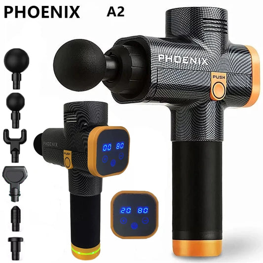Rechargeable LCD Massage Gun Phoenix A2 with Four or Six Head Options, Adjustable Settings and Silicone Grip for Everyday Muscle Relaxation