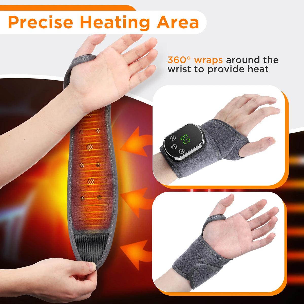 Heated Wrist Massager Wrap with Three or Five Heat Settings, Three Vibration Modes and Adjustable Strap, Type-C Rechargeable Models for Personal-Care Breaks