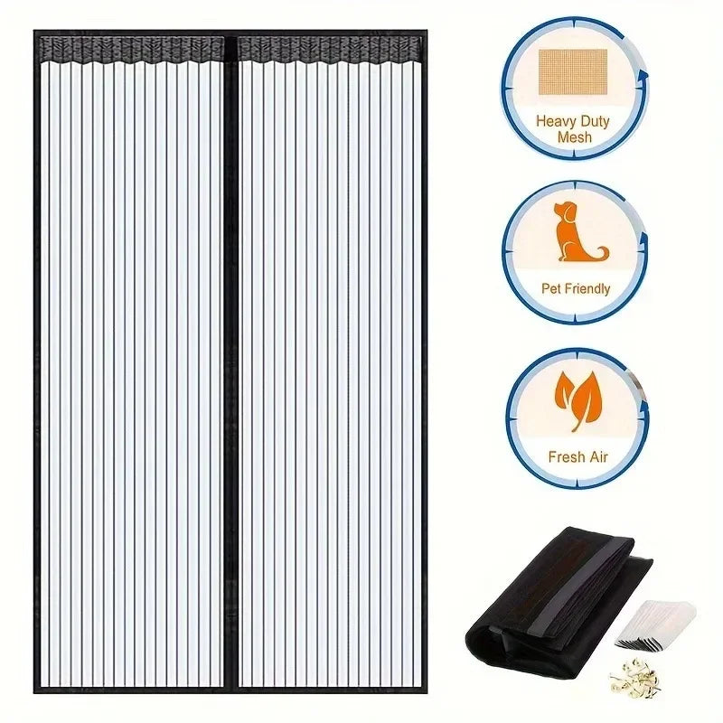 Magnetic Mesh Door Curtain with No-Drill Hook-and-Loop Mounting, Polyester Insect Screen in Black or White, 90 x 210 cm and 100 x 210 cm for Home Ventilation