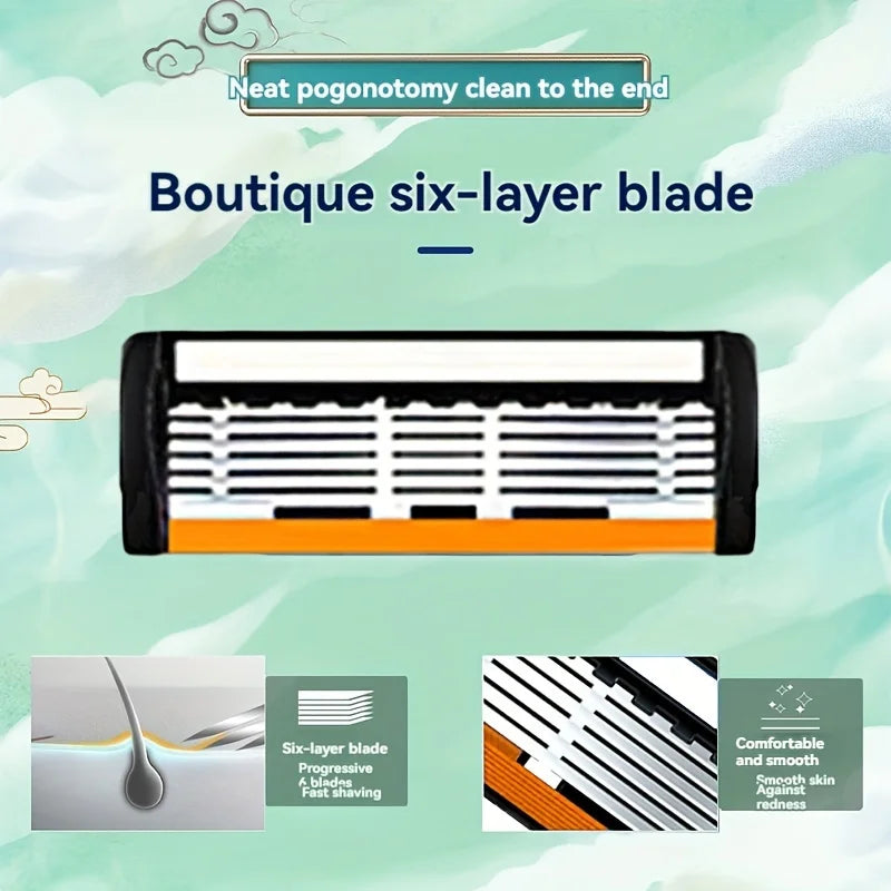 Men's Replaceable Head Razor Set with One Handle and 3 to 24 Blade Pack Options, Listed Six-Layer Stainless Steel Shaving Design for Everyday Grooming