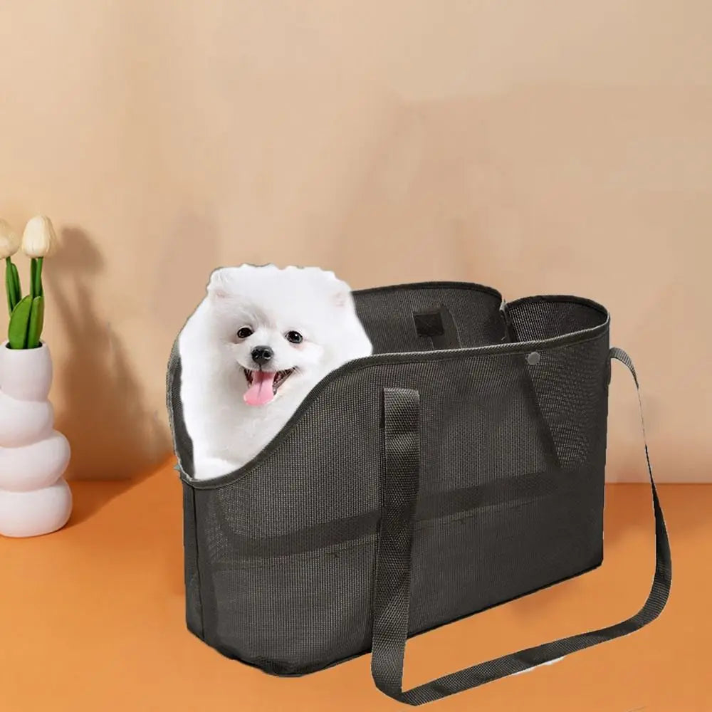 Mesh Dog Carrier Shoulder Bag, Foldable Breathable Pet Travel Handbag with Textilene, Nylon and Oxford Cloth in Beige, Black or Grey and M or L Size Options
