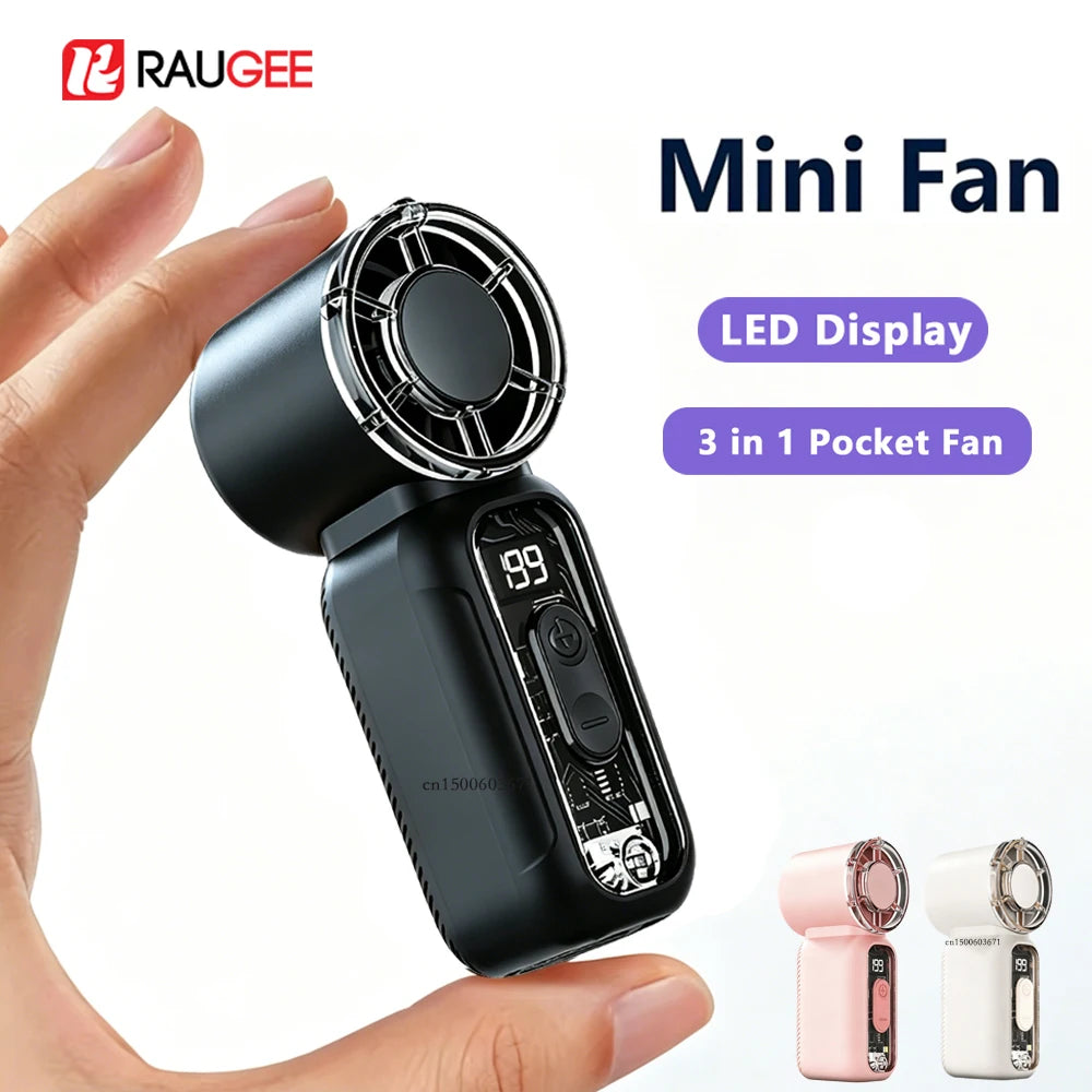 Digital Display Handheld Fan with USB Rechargeable Design, Listed 1-199 Speed Settings and Dual-Mode Flashlight in Black, White or Pink for Travel and Desk Use