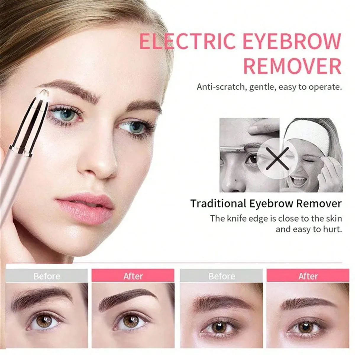 USB Rechargeable Eyebrow Trimmer in Pink Rose Gold, Compact Electric Facial Hair Grooming Tool for Brow Touch-Ups, Daily Beauty Routines and Travel