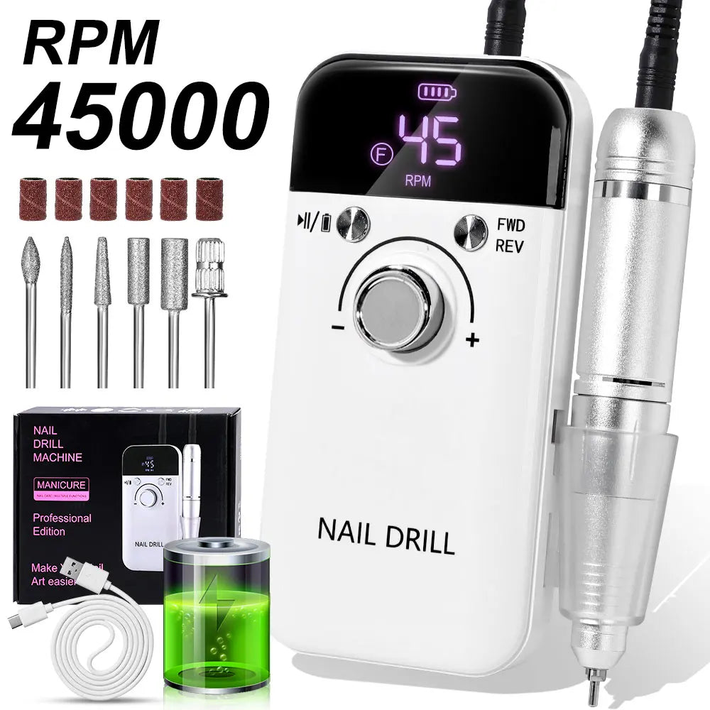 Rechargeable Portable Nail Drill with Listed 45,000 RPM Speed and Type-C Option, White, Pink or Purple Device and Kit Selections for Manicure Work