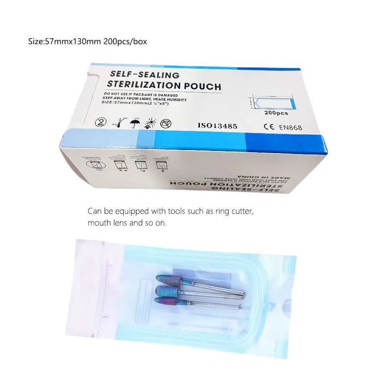 Self-Sealing Sterilization Pouches in 200-Pack Selected-Size Options, Disposable Paper and Film Instrument Bags with Listed Indicators, 57x130mm or 70x260mm