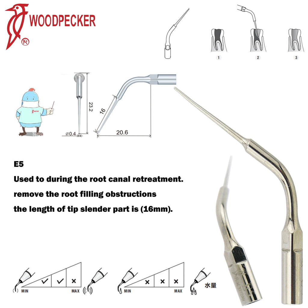 Ultrasonic Scaler Handpiece and Tip Options by Woodpecker, HW-5L LED Handpiece or P, E and G Series Tips for Compatible Dental Equipment