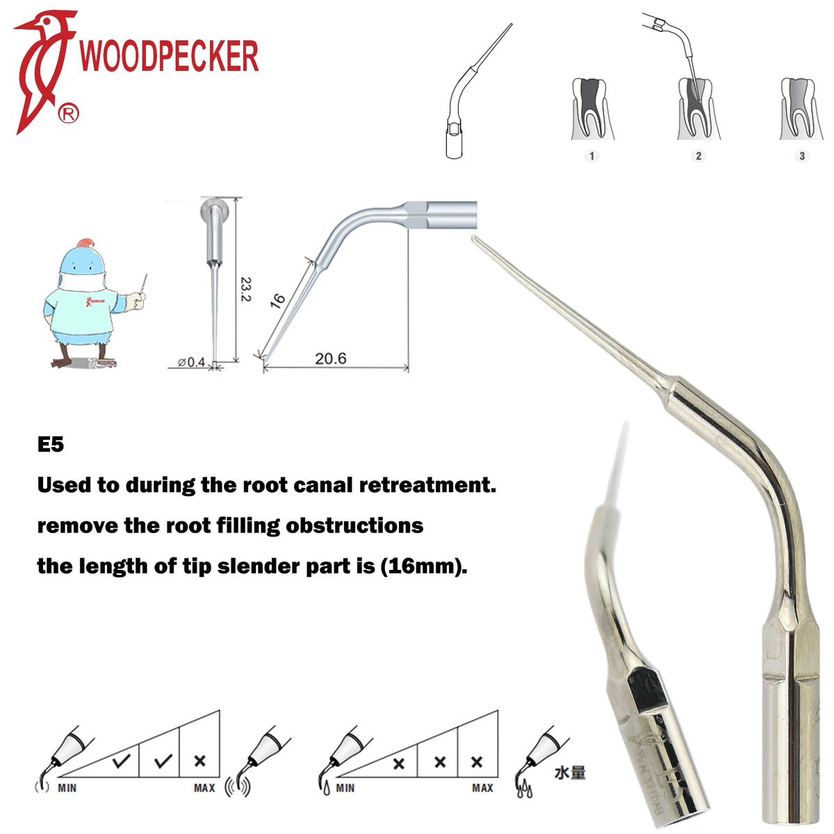 Ultrasonic Scaler Handpiece and Tip Options by Woodpecker, HW-5L LED Handpiece or P, E and G Series Tips for Compatible Dental Equipment