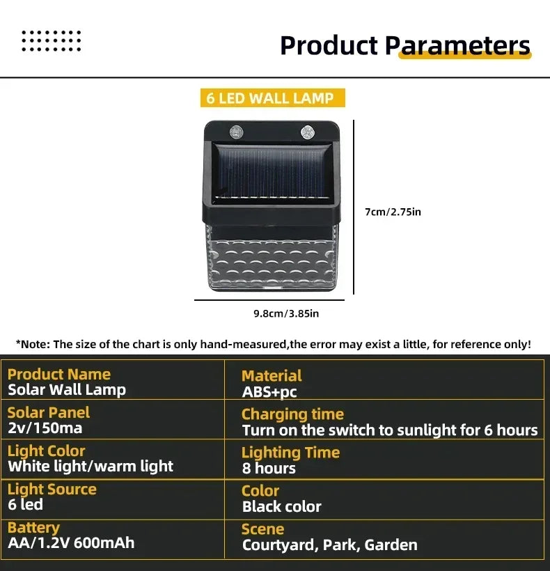 Outdoor Solar Wall Light Options for Garden Fences, Courtyards and Exterior Walls, with Listed 6-LED Non-Sensor and 30-LED PIR Motion Sensor Designs