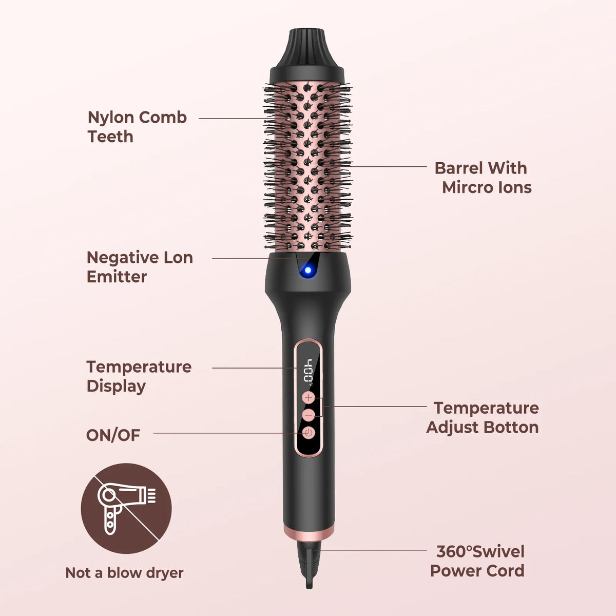 Ionic Heated Styling Brush with 38mm Barrel, Listed Dual PTC Heating, Nine Heat Settings and 60-Minute Auto-Off for Curling and Straightening, US Plug Option