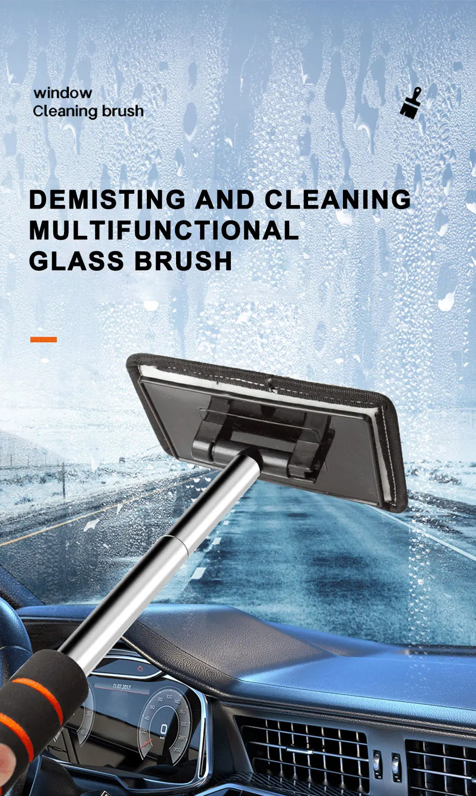 Telescopic Windshield Cleaning Brush by SEAMETAL, 32–50.5cm Adjustable Aluminum-Alloy Handle for Manual Car Glass Wiping in Black, Orange or Blue