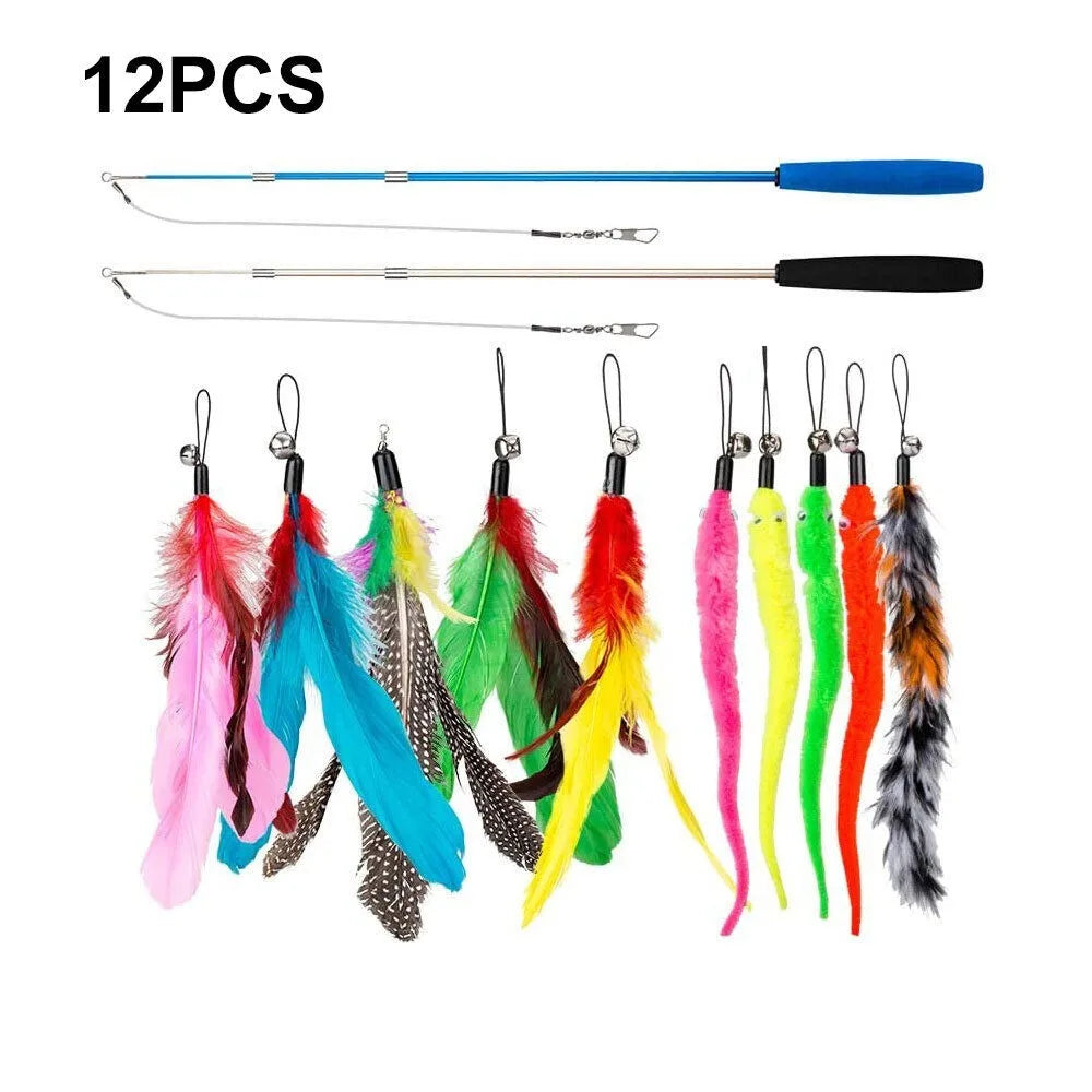 Retractable Cat Wand with Feather and Bell Teaser, Listed 37–97 cm Extendable Rod and 12-Piece Set Option for Supervised Indoor Chase and Batting Play