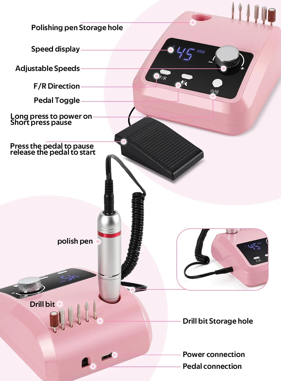 Foot-Pedal Nail Drill with Listed 45,000 RPM Adjustable Speed, Forward and Reverse Rotation, White, Black, Pink or Colorful Sets and US or EU Plug Options