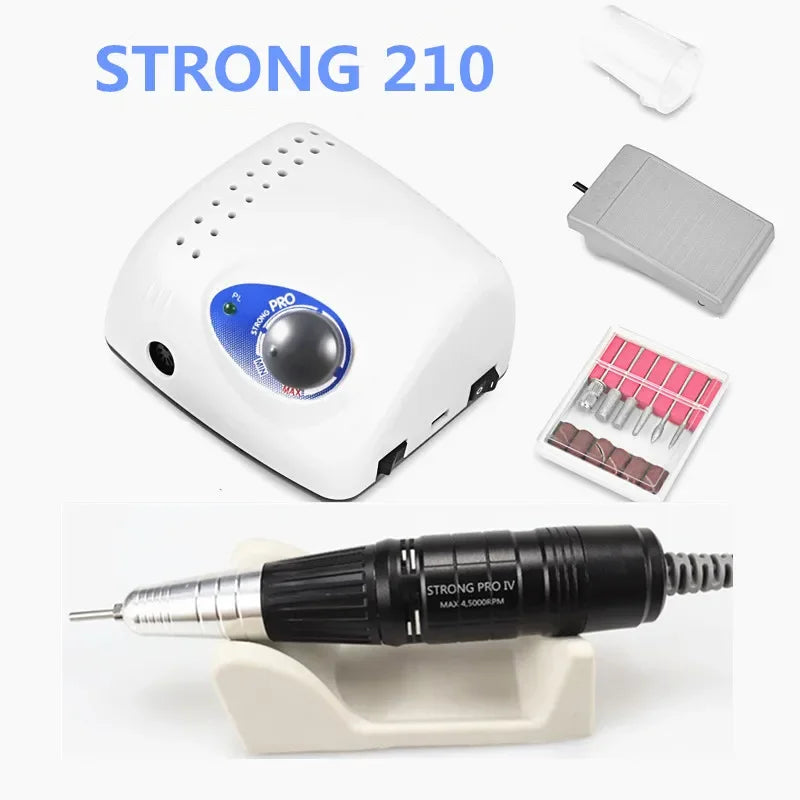 Strong 210 Pro IV Nail Drill Set with Listed 65W Input, 45,000 RPM Maximum, Six Bits, Handpiece and Foot Switch for Manicure Work, EU Plug Reference