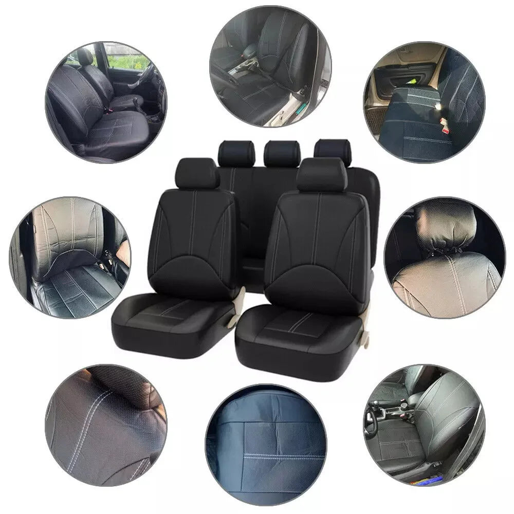 PU Leather Car Seat Cover Set, Nine-Piece Layout with Five Headrest Covers, Two Front Seat Covers and Separate Rear Bench Pieces for Compatible Interiors