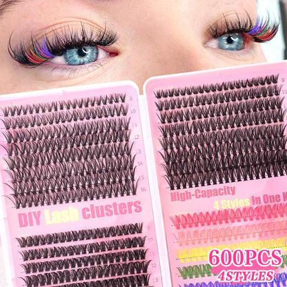 Color Mixed Lash Clusters, 12 and 30 Row Options with 345D and Wide Stem Styles for DIY False Eyelash Looks, Creative Eye Makeup and Occasions