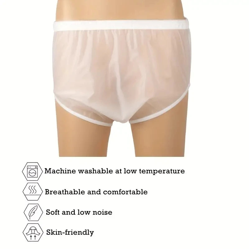 Adult Waterproof Diaper Covers 2-Pack, Reusable Easy-to-Clean TPU Personal Care Overpants in Clear or White with XS to XL Size Options