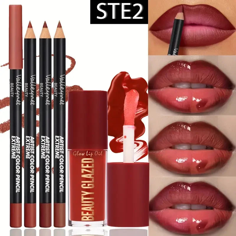 Lip Liner and Glaze Set with Three Liners and One Lip Glaze, Four-Piece Lip Makeup Kit in Three Numbered Options for Everyday Outlining and Evening Looks