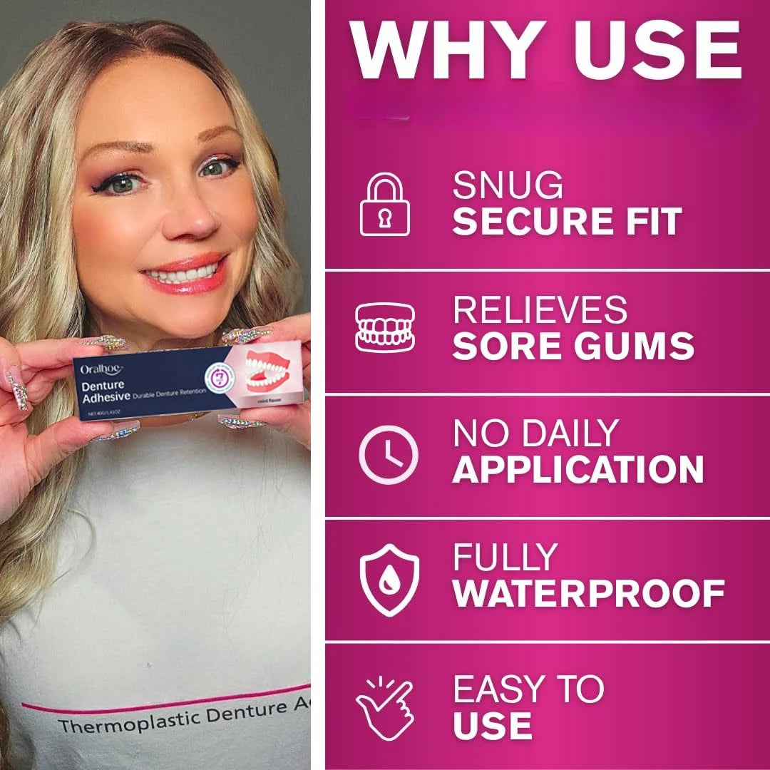 Thermoplastic Denture Adhesive with Listed Zinc-Free Formula and Cushioning Wording, Single-Piece and Promotional Pack Options for Adult Denture Care