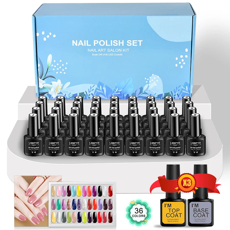 42-Piece Gel Nail Polish Kit, Semi-Permanent Soak-Off UV LED Varnish Set with Base and Top Coat Reference for Adult DIY Manicure and Nail Art