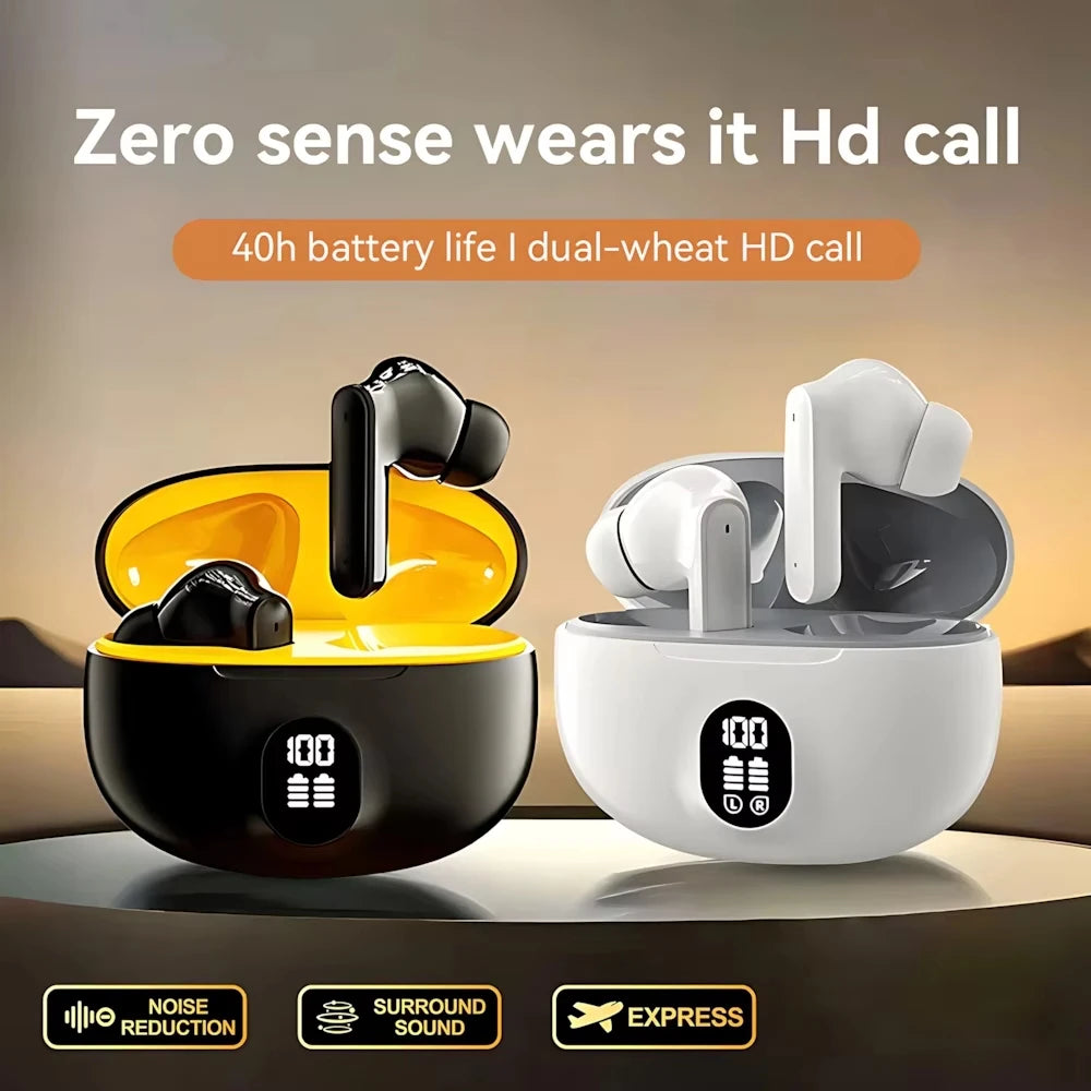 Mini Slim Bluetooth Earbuds with LED Battery Display Charging Case, TWS In-Ear Stereo Earphones with Microphone in Skin, Black or White for Music and Calls