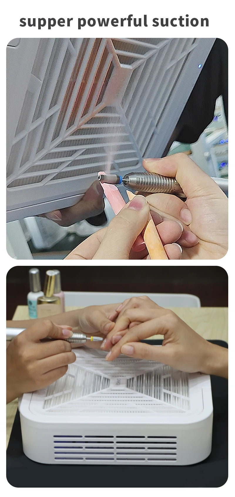 Manicure Nail Dust Extractor with WL007 and WL005 Model Options, US or EU Adapter Labels and Listed WL007 Reusable Filter with Extra Filter