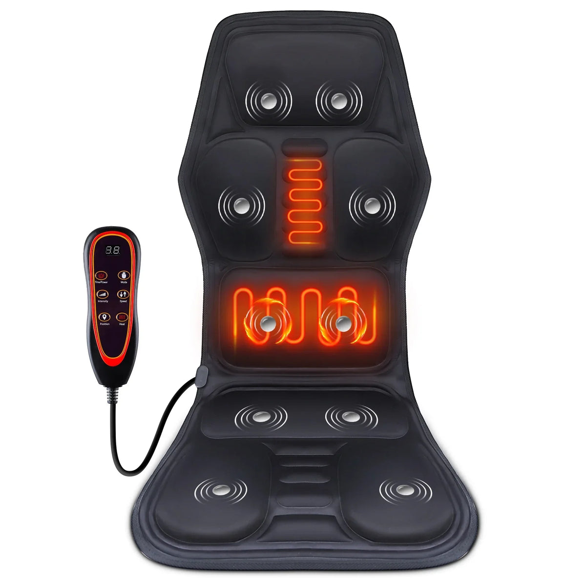 Heated Vibration Seat Massager Type B with Seven Listed Motors, Eight Modes, Three Intensity Levels and 15 or 30 Minute Timers for Home Office Relaxation