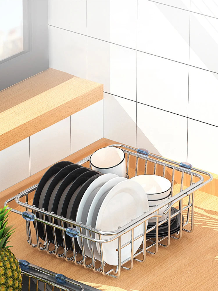 Telescopic Sink Drain Basket, Stainless Steel Expandable Dish Drying Rack with Medium or Large Size Options for Kitchen Cups, Plates and Produce Rinsing
