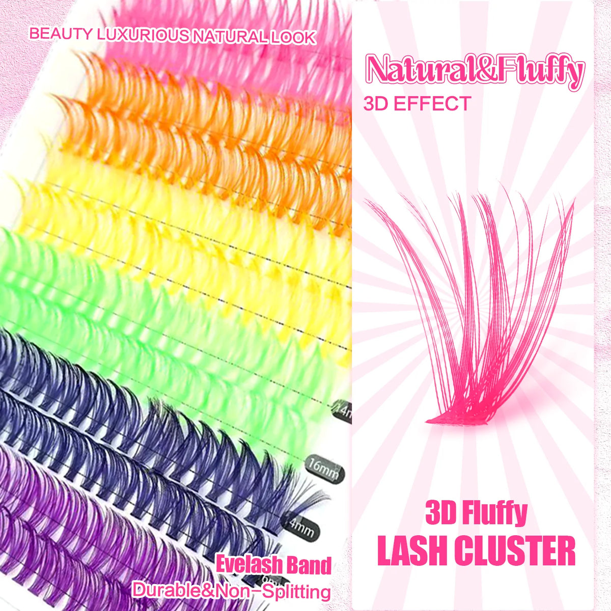 Color Mixed Lash Clusters, 12 and 30 Row Options with 345D and Wide Stem Styles for DIY False Eyelash Looks, Creative Eye Makeup and Occasions