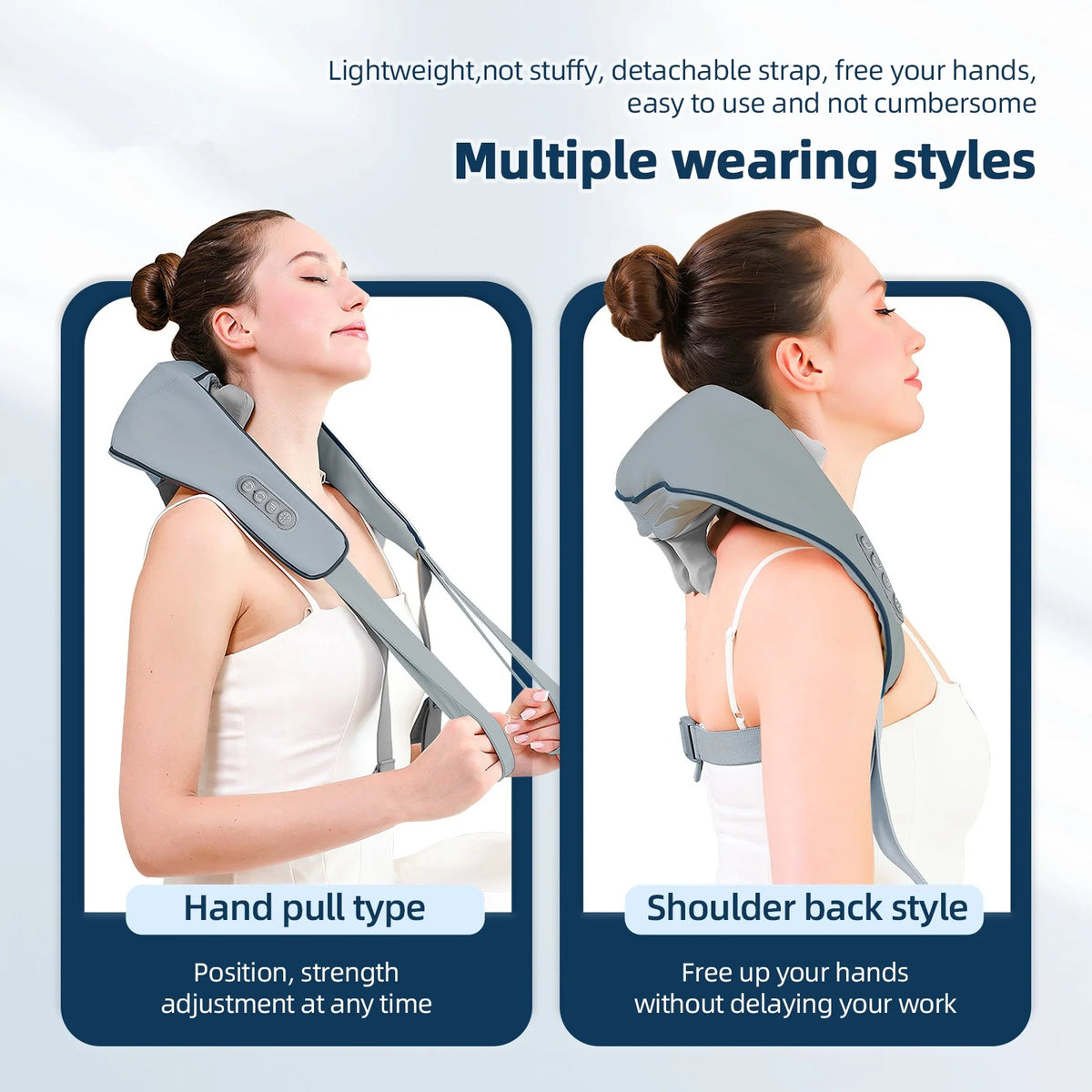 Rechargeable Neck and Shoulder Massage Shawl with Listed Two Modes, Adjustable Straps and Back Buckle, 20W or 26W Kneading Models in White, Grey and Brown Options