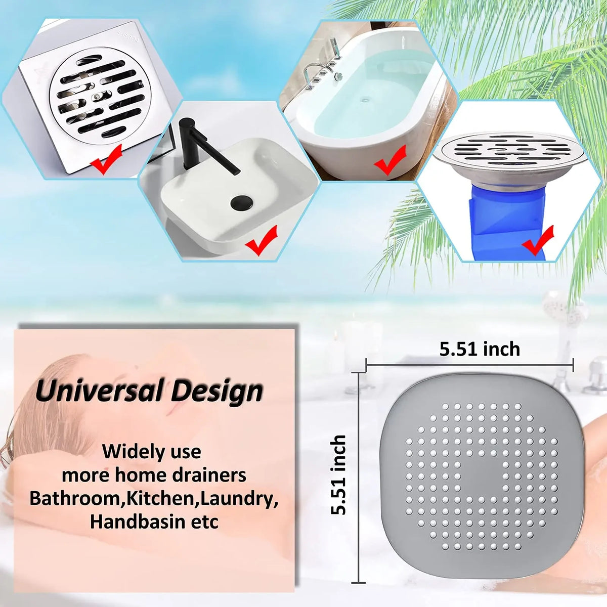 Shower Drain Hair Catcher, Square Silicone Drain Strainer with Suction Cups for Flat Shower, Bathtub and Kitchen Sink Surfaces, White, Gray or Black