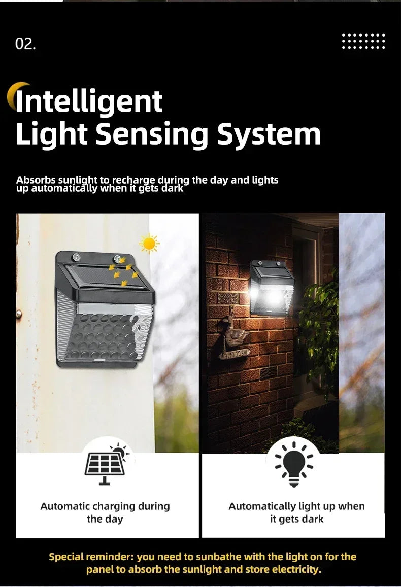 Outdoor Solar Wall Light Options for Garden Fences, Courtyards and Exterior Walls, with Listed 6-LED Non-Sensor and 30-LED PIR Motion Sensor Designs