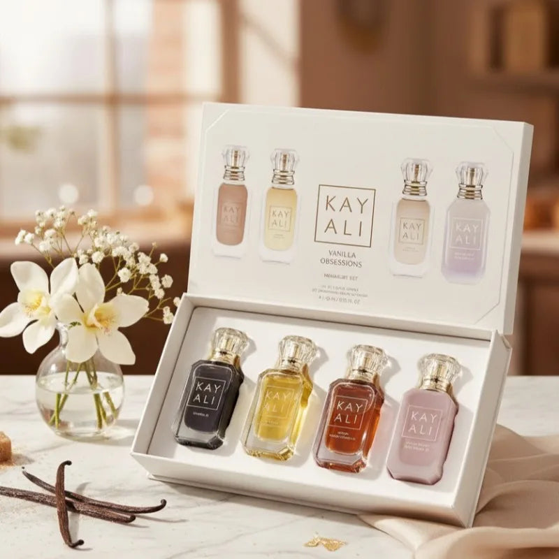 Four Scent Perfume Set with 4 x 10ml Bottles, Unisex Fragrance Assortment Options Featuring Listed Vanilla, Oud, Floral and Fruity Profiles for Everyday Wear and Gifts