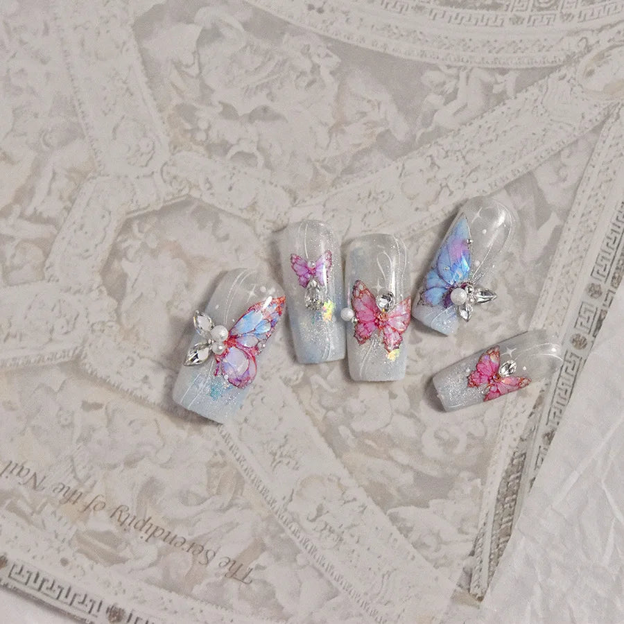 Butterfly 5D Nail Art Stickers, Kawaii Japanese-Inspired Glitter Shell Aurora Style Manicure Decals in Four Design Options for DIY Nail Decoration