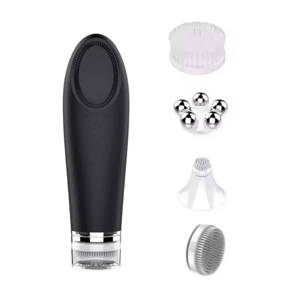 Heated Facial Cleansing Brush with USB Charging and Three Mode References, Silicone, Bristle and Rolling Head Descriptions with Three Single-Piece Option Labels