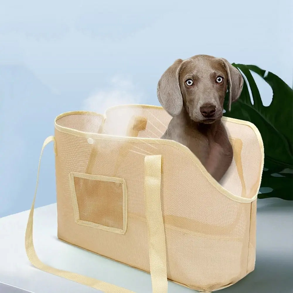 Mesh Dog Carrier Shoulder Bag, Foldable Breathable Pet Travel Handbag with Textilene, Nylon and Oxford Cloth in Beige, Black or Grey and M or L Size Options