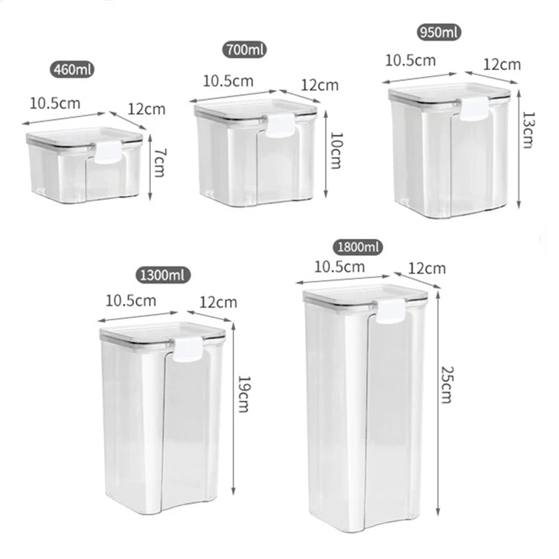 Clear Pantry Storage Jars with White or Black Covers, Five Capacity Options from 460ml to 1800ml and Single-Size Packs or Mixed Five-Size Kitchen Sets