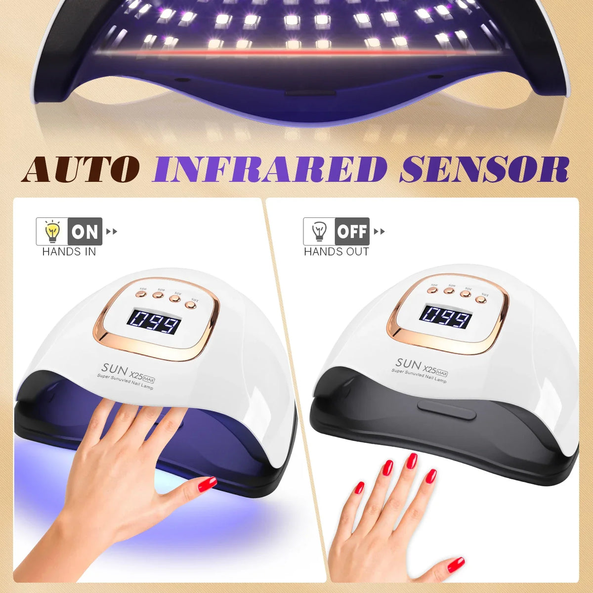UV Gel Nail Curing Lamp in White with X25, X27, X26 and X23 Model Options, US or EU Plug Selection for Compatible Gel Polish Manicure Routines