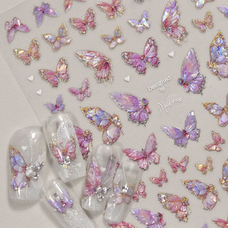 Butterfly 5D Nail Art Stickers, Kawaii Japanese-Inspired Glitter Shell Aurora Style Manicure Decals in Four Design Options for DIY Nail Decoration