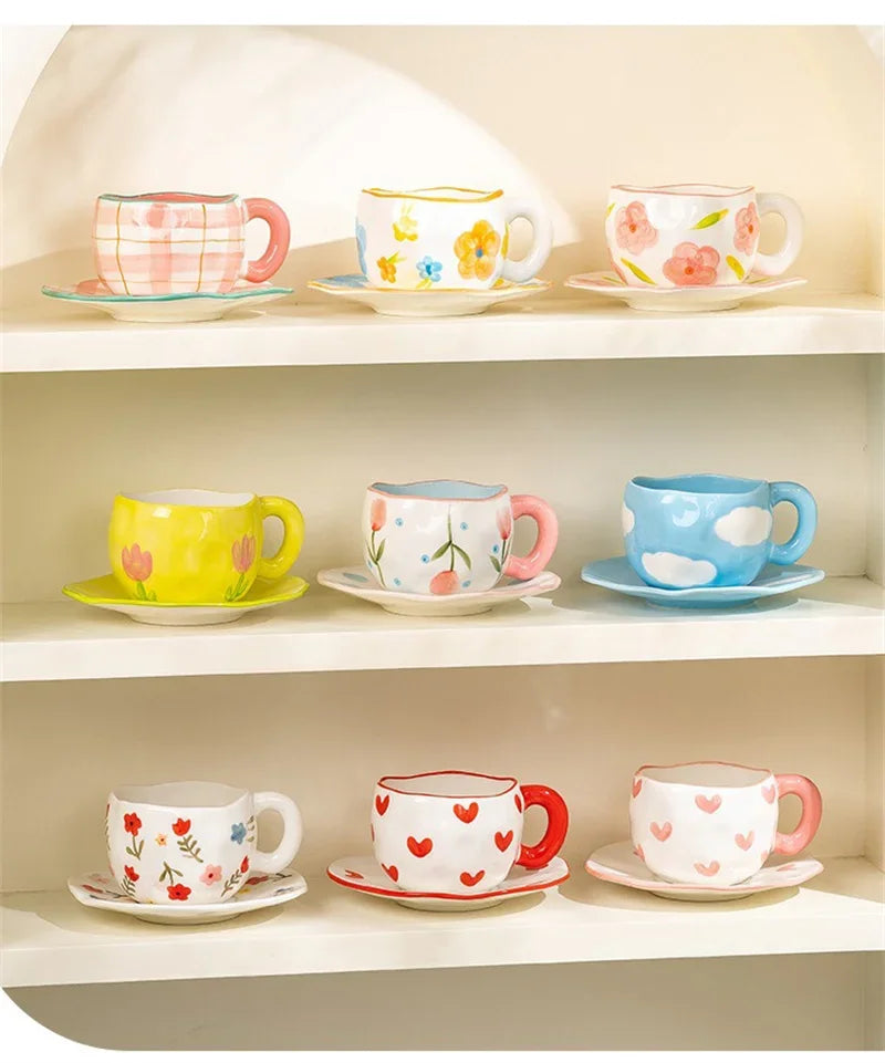 Hand-Painted Ceramic Mug with Irregular Korean-Style Shape and Floral, Heart or Playful Pattern Options for Breakfast Coffee and Afternoon Tea, Cup Only