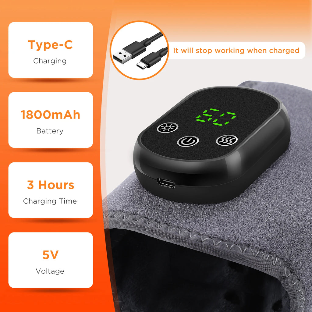 Cordless Heated Wrist or Ankle Massager with Five Heat Settings, Three Vibration Modes and 30-Minute Timer, Gray Type-C Rechargeable Single-Piece Wrap
