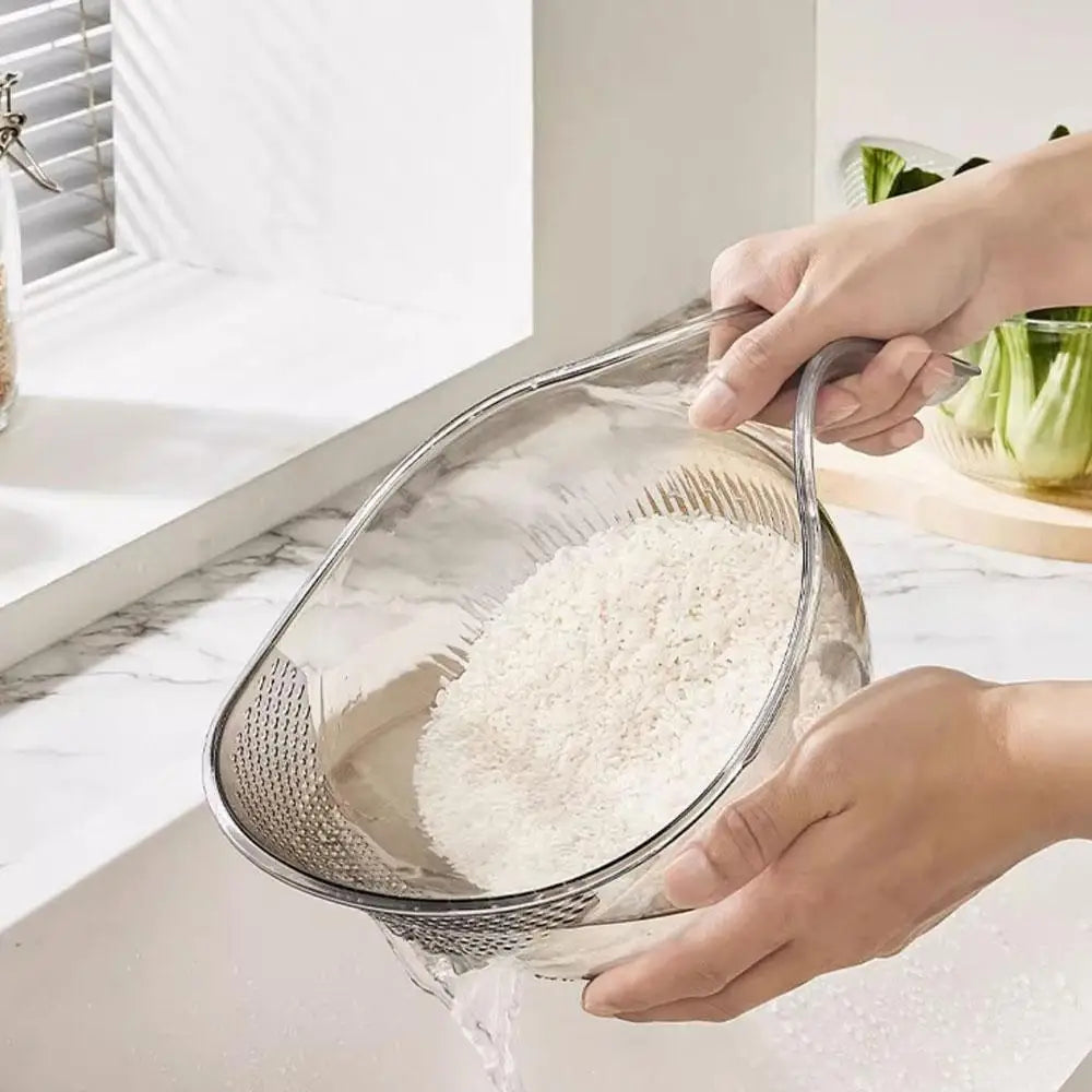 PET Rice Washing Bowl, Side-Draining Kitchen Colander with Handle and Small Bowl Reference, Listed 198 x 293 x 130mm Size in White, Green or Grey