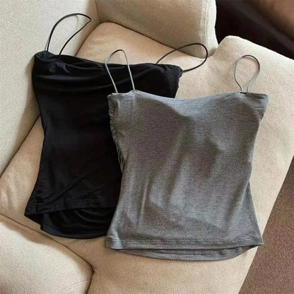 Women's Fixed Pad Crop Top with Thin Straps, Sleeveless Polyester Casual Tank in Red, Black, White or Grey, One Size for Layering and Going-Out Outfits