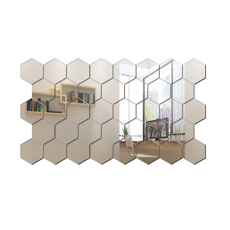 Hexagon Mirror Wall Stickers, 45-Piece Decorative Tile Set for DIY Geometric Wall Art Arrangements in Compatible Living Room, Bedroom and Entryway Spaces