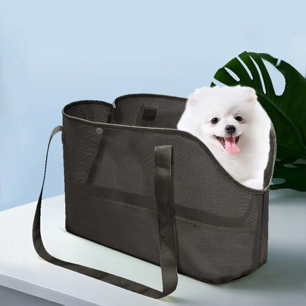 Mesh Dog Carrier Shoulder Bag, Foldable Breathable Pet Travel Handbag with Textilene, Nylon and Oxford Cloth in Beige, Black or Grey and M or L Size Options