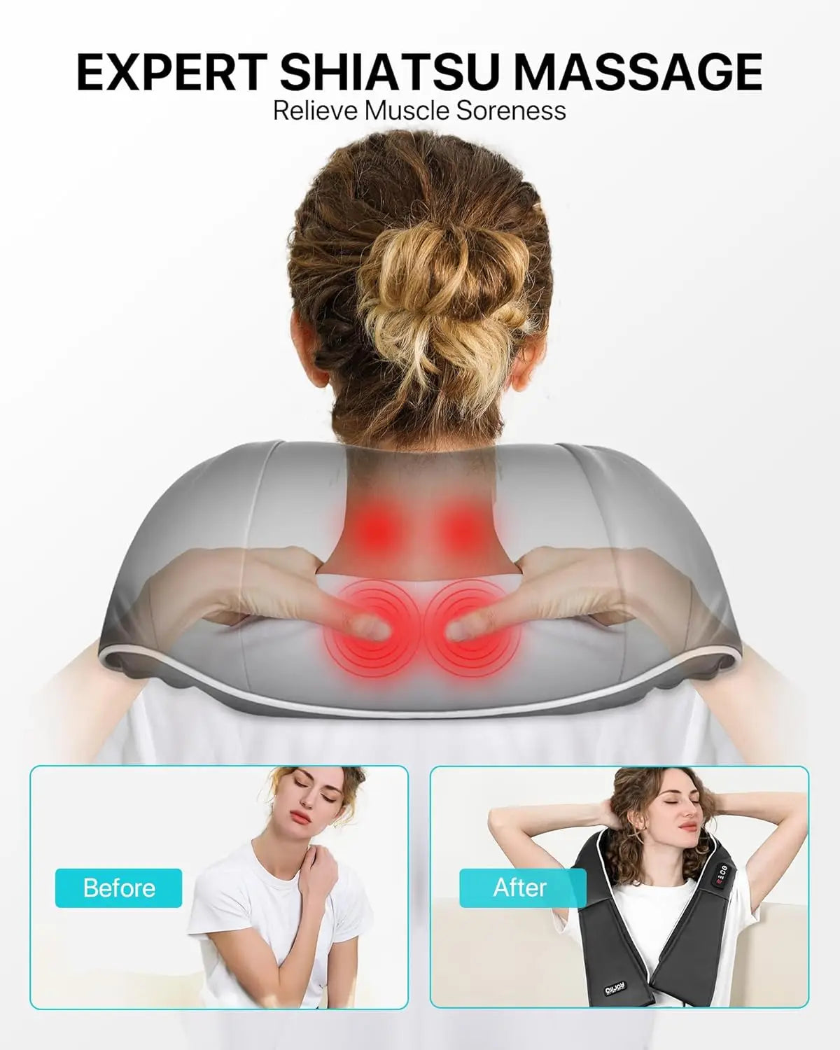 U-Shape Neck and Shoulder Massager with Heat and Reversible Shiatsu-Style Kneading, Four-Button Black or Black Gray Styles with US or EU Plug Options for Adult Relaxation