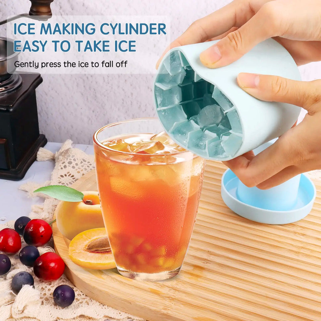 Silicone Ice Cube Mold with Lid, Round Ice Bucket Tray for Freezer, Mini Bullet Ice Maker for Cocktails, Whiskey, Juice, Home Bar and Party Drinks, Pink, Yellow and Blue